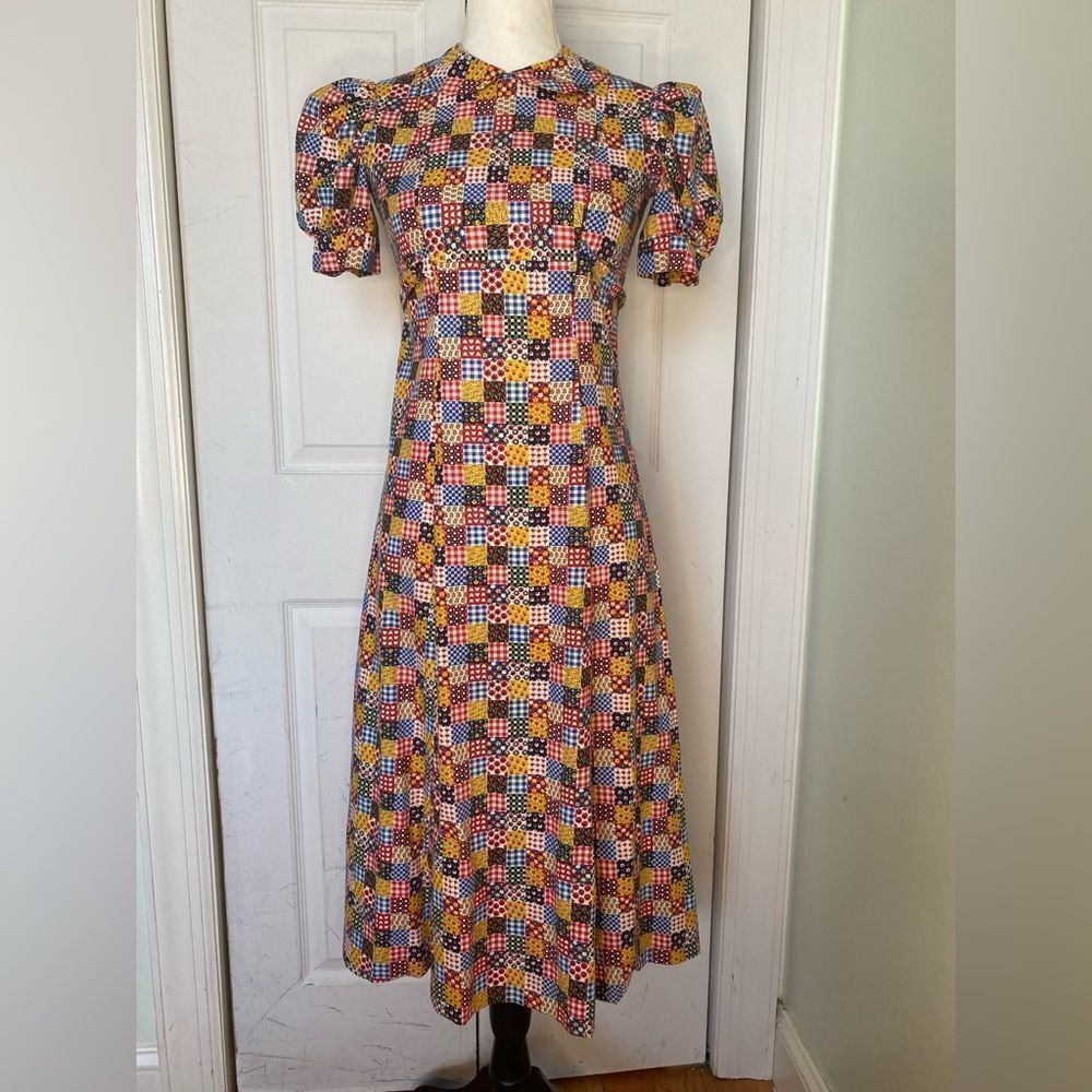 1970s Baby Doll Cottage Core Patchwork Pattern Maxi Dress
